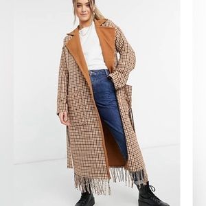 BB Dakota | That  Covers It | Brown, Check Fringe/Tassel Coat-Sz L